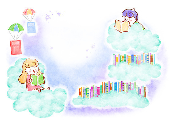 PSD 구름 여자 남자 여유 어린이 일러스트 상상 사람 소녀 소년 두명 책 독서 낙하산 어린이만 국내일러스트 자연요소 감정 파일형식