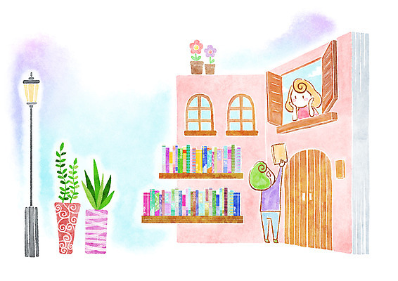 PSD 식물 여자 남자 꽃 화분 여유 어린이 가로등 일러스트 창문 상상 선반 주택 사람 소녀 소년 두명 책 독서 문 어린이만 국내일러스트 공공시설 감정 가구 건물 파일형식