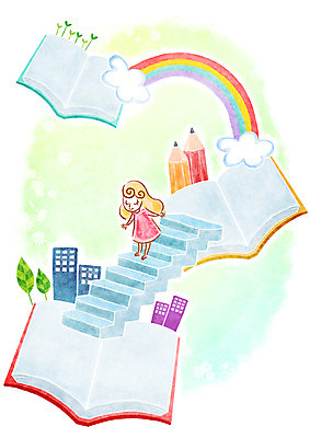 PSD 구름 여자 여유 어린이 무지개 일러스트 상상 한명 사람 소녀 건물 책 독서 연필 계단 여자만 여자한명만 어린이만 소녀만 소녀한명만 국내일러스트 자연요소 1 건축물 감정 학용품 필기구 파일형식