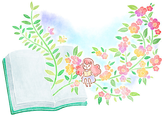 PSD 식물 여자 꽃 여유 어린이 줄기 나비 일러스트 상상 한명 사람 소녀 책 독서 여자만 여자한명만 어린이만 소녀만 소녀한명만 국내일러스트 1 감정 곤충 파일형식