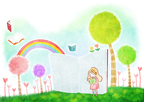 PSD 나무 식물 여자 꽃 여유 어린이 무지개 일러스트 상상 한명 사람 소녀 책 독서 여자만 여자한명만 어린이만 소녀만 소녀한명만 국내일러스트 자연요소 1 감정 파일형식