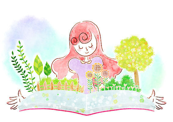 PSD 나무 식물 여자 꽃 여유 어린이 줄기 일러스트 상상 한명 사람 소녀 책 울타리 독서 여자만 여자한명만 어린이만 소녀만 소녀한명만 국내일러스트 1 감정 담장 파일형식