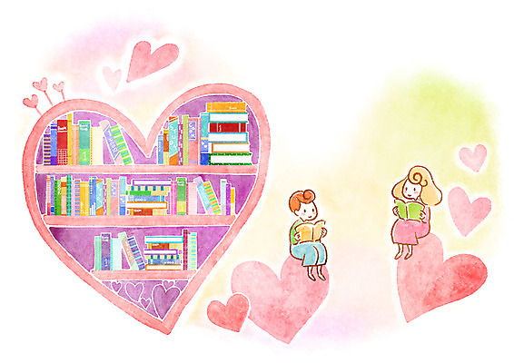 PSD 여자 남자 여유 어린이 일러스트 상상 책장 사람 소녀 소년 두명 책 독서 하트 어린이만 국내일러스트 모양 감정 가구 파일형식