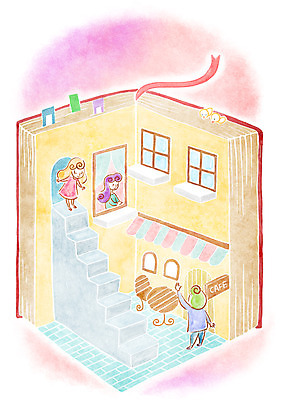 PSD 여자 남자 여유 어린이 의자 일러스트 창문 상상 탁자 주택 사람 소녀 소년 책 세명 독서 계단 카페 어린이만 국내일러스트 감정 가구 건물 상점 파일형식