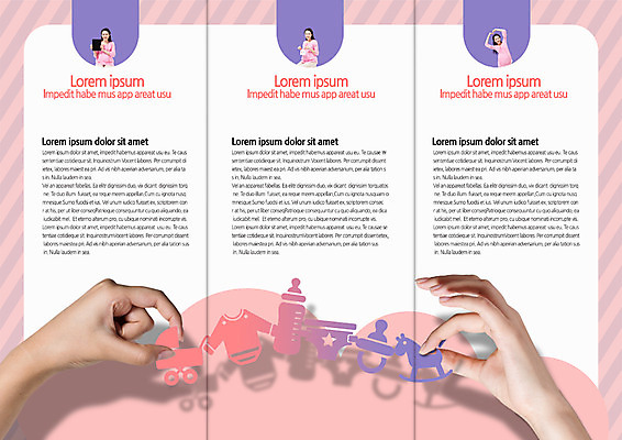 PSD 템플릿 편집 표지디자인 북디자인 출판디자인 내지 리플렛 분홍색 컬러 백그라운드 북커버 3단접지 가족 엄마 서기 들기 사람 팜플렛 상반신 성인 세명 목마 젖병 노리개젖꼭지 기저귀 유모차 유아복 성인만 이미지템플릿 옷 관계 모션 아기용품 파일형식