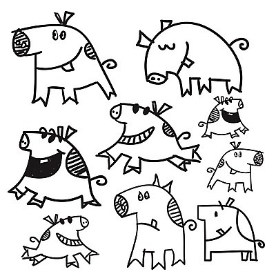 EPS 해외이미지 동물 손 일러스트 서기 일상 세트 숫자 검은색 흰색 돼지 낙서 만화 수집 그림 해외202004 해외일러스트 문자 컬러 포유류 모션 라이프 신체부위 파일형식 벡터 이미지허브