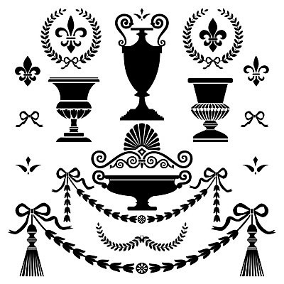 EPS 해외이미지 디자인 배너 실루엣 꽃무늬 일러스트 그래픽 장식 세트 꽃병 검은색 수확 골동품 화려 클래식 수집 심볼 묘사 오브젝트 심플 그리스인 비네팅 나폴레옹 로마인 빅토리아 엘리먼트 옛날 제국 스타일 해외202004 해외일러스트 서양인 꽃 컬러 컨셉 무늬 농업 촬영기법 인종 파일형식 벡터 이미지허브