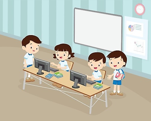 EPS 해외이미지 학생 여자 남자 어린이 인터넷 일러스트 교실 앉기 소년 여러명 컴퓨터 책상 인터넷교육 어린이만 해외202004 해외일러스트 교육 가구 다수 학교 모션 사람 전자제품 파일형식 벡터 이미지허브