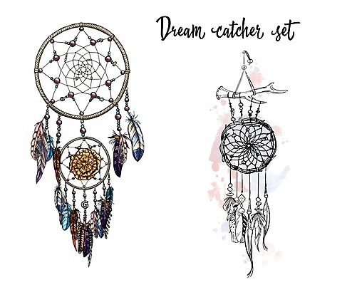 EPS 해외이미지 전통 꽃 일러스트 캘리그라피 사람없음 장식 꿈 구슬 깃털 부적 드림캐쳐 해외202004 해외일러스트 식물 파일형식 벡터 이미지허브