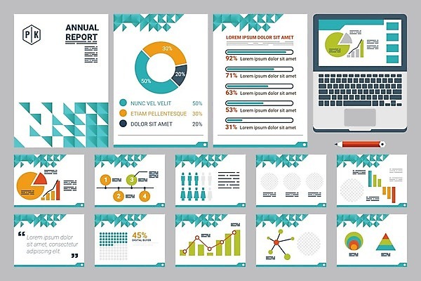EPS 해외이미지 템플릿 일러스트 비즈니스 그래프 사람없음 노트북 세트 연필 인포그래픽 흰색 민트색 애뉴얼리포트 해외202004 해외일러스트 컬러 학용품 전자제품 필기구 보고서 파일형식 벡터 이미지허브