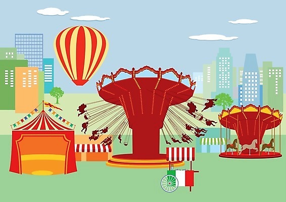 EPS 해외이미지 구름 실루엣 일러스트 사람없음 건물 빨간색 연두색 놀이공원 열기구 도시 회전목마 회전그네 해외202004 해외일러스트 자연요소 건축물 컬러 항공교통 촬영기법 초록색 테마파크 놀이기구 파일형식 벡터 이미지허브