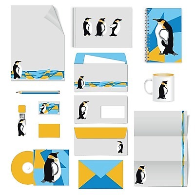EPS 해외이미지 디자인 컨셉 패턴 일러스트 비즈니스 명함 봉투 편지봉투 사람없음 파란색 세트 노란색 공책 머그컵 펭귄 레이아웃 문서 엘리먼트 테마 스타일 레터헤드 해외202004 해외일러스트 컬러 무늬 조류 문구용품 컵 편지 파일형식 벡터 이미지허브