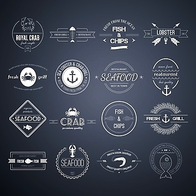 EPS 해외이미지 스티커 일러스트 새우 어류 요리 사람없음 세트 라벨 식사 카페 게 기구 빈티지 해산물 해외202004 해외일러스트 컨셉 프레임 갑각류 상점 수중동물 파일형식 벡터 이미지허브