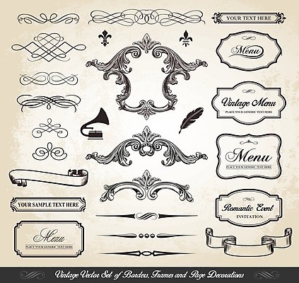 EPS 해외이미지 리본 선 스티커 곡선 일러스트 프레임 사람없음 세트 라벨 빈티지 복고 축음기 고딕양식 깃털펜 해외202004 해외일러스트 음향기기 컨셉 펜 골동품 파일형식 벡터 이미지허브