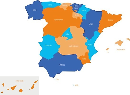 EPS 해외이미지 모양 디자인 실루엣 유럽 선 섬 여행 지도 일러스트 파란색 흰색 스페인 지중해 심볼 윤곽 지역 바르셀로나 마드리드 발렌시아 스페인어 안달루시아 전국 지리 해외202004 해외일러스트 나라 바다 컬러 촬영기법 파일형식 벡터 이미지허브