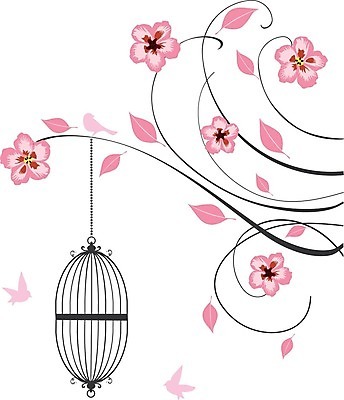 EPS 해외이미지 꽃 실루엣 분홍색 일러스트 조류 나뭇잎 매달리기 사람없음 새장 해외일러스트 식물 동물 컬러 잎 모션 촬영기법 케이지 파일형식 벡터 이미지허브