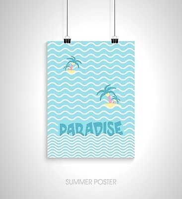 EPS 해외이미지 디자인 포스터 파도 섬 하늘색 일러스트 매달리기 타이포그라피 사람없음 야자수 서류집게 파라다이스 해외202004 해외일러스트 나무 문자 바다 모션 집게 파란색 파일형식 벡터 이미지허브