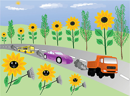 EPS 해외이미지 일러스트 자동차 해바라기 트럭 고속도로 가스 내추럴 배기가스 필터 해외202004 해외일러스트 꽃 도로 육상교통 파일형식 벡터 이미지허브