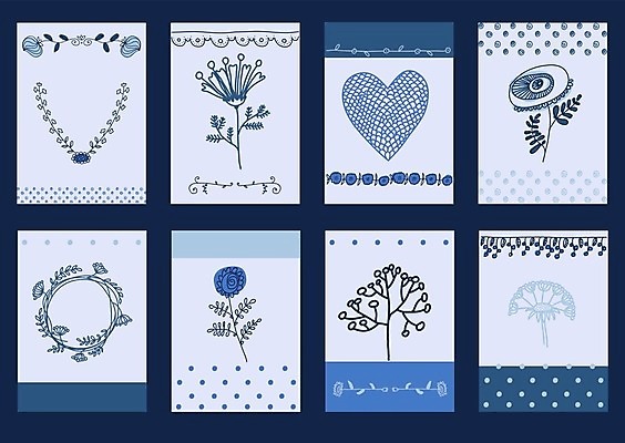 EPS 해외이미지 꽃 일러스트 사랑 사람없음 파란색 세트 하트 엽서 해외202004 해외일러스트 모양 식물 감정 컬러 편지 파일형식 벡터 이미지허브