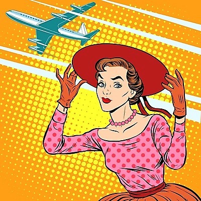 EPS 해외이미지 여자 여행 일러스트 비행기 한명 상반신 성인 여행객 잡기 복고 팝아트 카툰스타일 챙모자 성인여자한명만 해외202004 하프톤 해외일러스트 모자_잡화 1 컬러 항공교통 모션 대중교통 사람 그림 여자한명만 성인여자만 파일형식 벡터 이미지허브