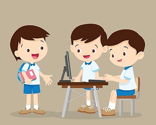 EPS 해외이미지 전신 학생 교육 남자 어린이 인터넷 일러스트 앉기 소년 세명 컴퓨터 책상 인터넷교육 소년만 해외202004 해외일러스트 가구 모션 사람 전자제품 남자만 어린이만 파일형식 벡터 이미지허브