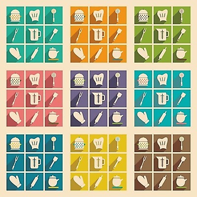 EPS 해외이미지 포크 일러스트 주전자 요리사모자 사람없음 컬러풀 채망 냄비 밀대 주방장갑 계량컵 해외202004 해외일러스트 모자_잡화 식기 컬러 장갑 주방용품 컵 요리사 솥 계량 파일형식 벡터 이미지허브