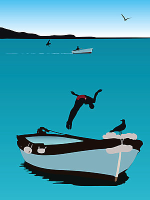 EPS 해외이미지 바다 섬 일러스트 갈매기 하늘 물 파란색 점프 보트 장면 해외202004 해외일러스트 자연요소 컬러 배_교통 모션 조류 파일형식 벡터 이미지허브