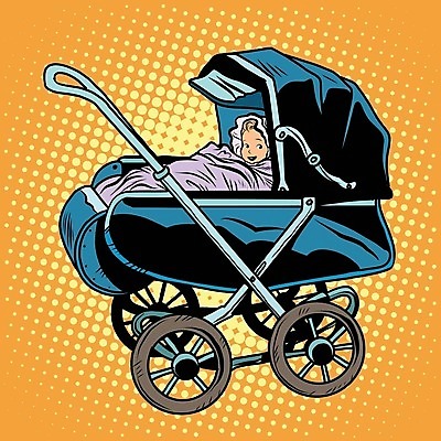 EPS 해외이미지 일러스트 한명 눕기 아기 복고 팝아트 유모차 카툰스타일 아기만 해외202004 하프톤 해외일러스트 1 컬러 모션 사람 아기용품 그림 파일형식 벡터 이미지허브