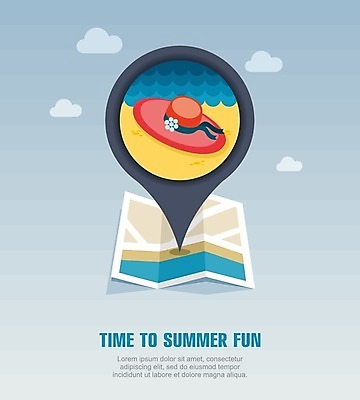 EPS 해외이미지 구름 모자 여행 지도 일러스트 해변 사람없음 여름 여름휴가 바캉스 위치 해외202004 해외일러스트 자연요소 잡화 계절 바다 휴가 파일형식 벡터 여름_계절 이미지허브