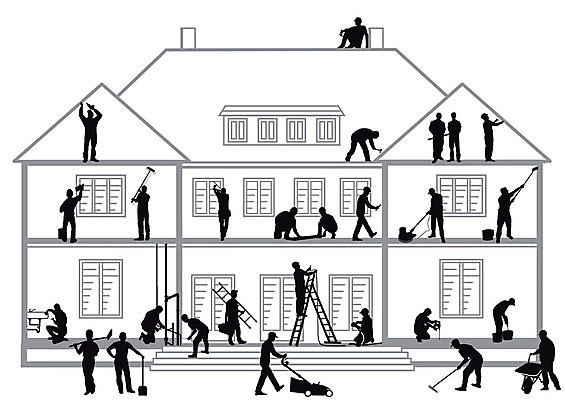 EPS 해외이미지 여자 남자 일러스트 주택 건설업 건물 페인트 업무 수리 땅 목공예 연립주택 유지 건축업자 배관공 석공 건설근로자 해외202004 해외일러스트 직업 건축물 건축 산업 사람 작업 공예 파일형식 벡터 이미지허브