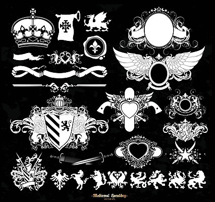 EPS 해외이미지 모양 디자인 리본 무기 백그라운드 곡선 일러스트 추상 왕관 미술 장식 세트 라벨 검은색 힘 화려 중세 복고 방패 해외202004 해외일러스트 선 컬러 컨셉 무늬 문화예술 프레임 역사 파일형식 벡터 이미지허브