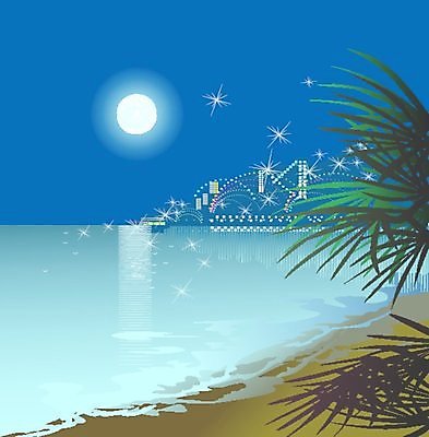 EPS 해외이미지 계절 바다 여행 일러스트 휴가 손바닥 물 파란색 빛 모래사장 어둠 달 야간 해외202004 해외일러스트 자연요소 손 컬러 파일형식 벡터 이미지허브