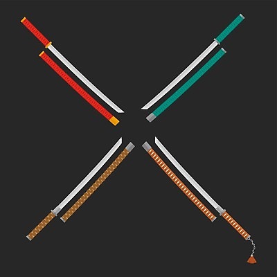 EPS 해외이미지 무기 일러스트 손잡이 빨간색 초록색 일본 줄무늬 황금 청록색 상아 철강 해외202004 해외일러스트 아시아 컬러 무늬 파일형식 벡터 이미지허브