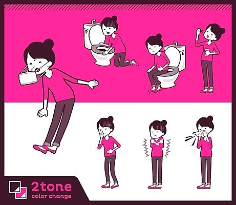 EPS 해외이미지 전신 여자 분홍색 일러스트 엄마 건강 피곤 마스크 앉기 여러명 성인 세트 약 고통 환자 먹기 변기 구토 기침 오한 재채기 성인여자만 해외202004 해외일러스트 감정 컬러 다수 컨셉 의학 가족 모션 사람 증상 여자만 성인만 파일형식 벡터 이미지허브