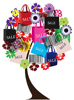 EPS 해외이미지 나무 꽃 일러스트 추상 사람없음 컬러풀 쇼핑백 바코드 해외202004 해외일러스트 식물 컬러 무늬 가방 파일형식 벡터 이미지허브