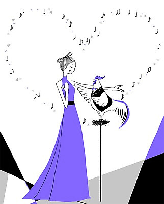 PSD 동물 드레스 여자 여유 음악 음표 일러스트 노래 프레임 함께함 한명 사람 성인 공연 닭 수탉 소통 여자만 여자한명만 성인여자만 성인만 국내일러스트 1 기호 옷 감정 컨셉 조류 문화예술 이벤트 수컷 파일형식