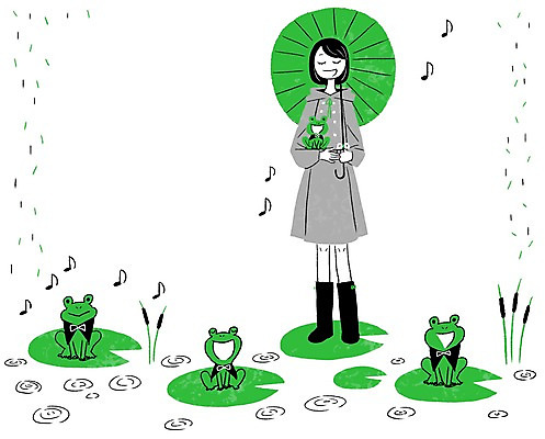PSD 식물 동물 여자 여유 음악 음표 여러마리 일러스트 우산 노래 프레임 함께함 개구리 한명 사람 성인 비 연잎 소통 여자만 여자한명만 성인여자만 성인만 국내일러스트 자연요소 1 기호 감정 다수 컨셉 잎 날씨 문화예술 양서류 파일형식