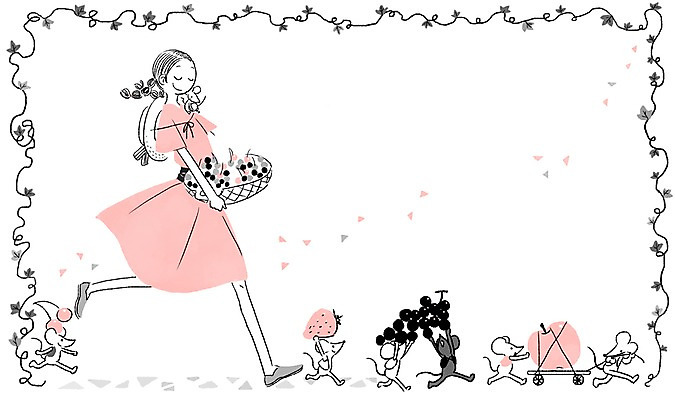 PSD 동물 여자 여유 과일 일러스트 딸기 포도 프레임 함께함 한명 사람 성인 체리 사과 쥐 소통 여자만 여자한명만 성인여자만 성인만 국내일러스트 1 감정 컨셉 설치류 파일형식