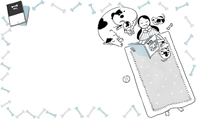 PSD 동물 여자 여유 일러스트 뼈 프레임 함께함 한명 사람 성인 책 반려동물 눕기 독서 이불 개 강아지 소통 달마시안 여자만 여자한명만 성인여자만 성인만 국내일러스트 1 감정 컨셉 포유류 침구 모션 파일형식