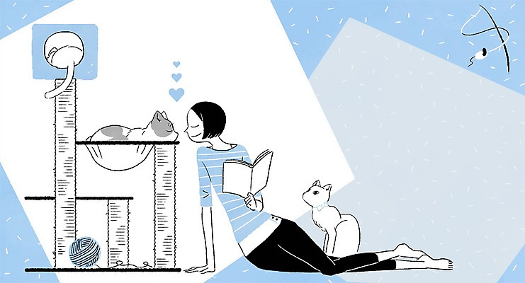 PSD 동물 여자 여유 일러스트 프레임 함께함 한명 사람 성인 책 독서 고양이 털실 소통 여자만 여자한명만 성인여자만 성인만 국내일러스트 1 감정 컨셉 포유류 반려동물 실 파일형식