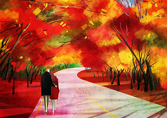 주간 PSD 나무 식물 커플 계절 여자 남자 도로 단풍 낙엽 데이트 일러스트 단풍나무 사람 풍경 성인 야외 두명 가을 은행나무 성인만 국내일러스트 자연요소 길 잎 관계 교통시설 파일형식