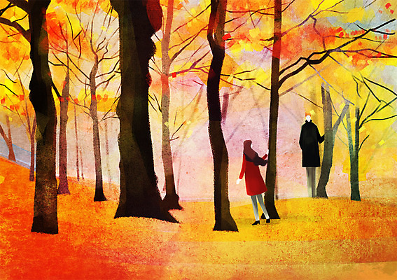 주간 PSD 나무 식물 커플 계절 여자 남자 단풍 낙엽 데이트 일러스트 단풍나무 사람 풍경 성인 야외 두명 가을 은행나무 성인만 국내일러스트 자연요소 잎 관계 파일형식