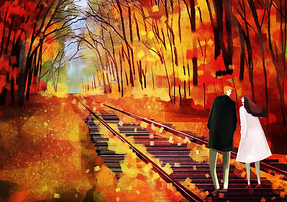 주간 PSD 나무 식물 커플 계절 여자 남자 단풍 낙엽 데이트 일러스트 단풍나무 사람 풍경 성인 야외 두명 기찻길 가을 은행나무 성인만 철도의날 국내일러스트 자연요소 잎 관계 파일형식 법정기념일