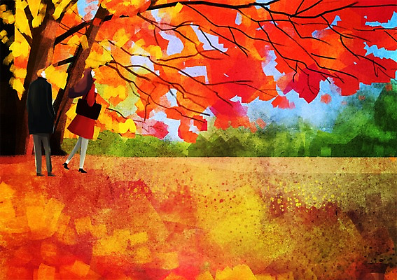 주간 PSD 나무 식물 커플 계절 여자 남자 단풍 낙엽 데이트 일러스트 단풍나무 사람 풍경 성인 야외 두명 가을 은행나무 성인만 국내일러스트 자연요소 잎 관계 파일형식