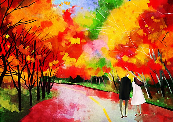 주간 PSD 나무 식물 커플 계절 여자 남자 도로 단풍 낙엽 데이트 일러스트 단풍나무 사람 풍경 성인 야외 두명 가을 은행나무 성인만 국내일러스트 자연요소 길 잎 관계 교통시설 파일형식