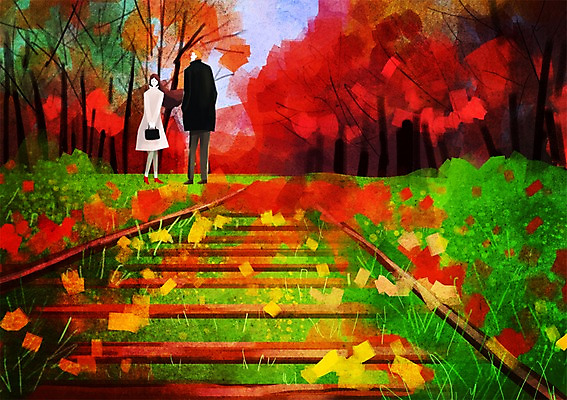 주간 PSD 나무 식물 커플 계절 여자 남자 단풍 낙엽 데이트 일러스트 단풍나무 사람 풍경 성인 야외 두명 기찻길 가을 은행나무 성인만 철도의날 국내일러스트 자연요소 잎 관계 파일형식 법정기념일