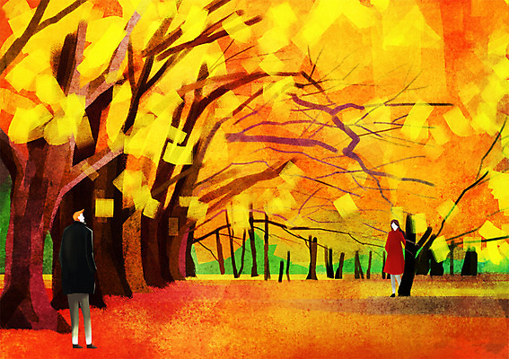 주간 PSD 나무 식물 커플 계절 여자 남자 단풍 낙엽 데이트 일러스트 단풍나무 사람 풍경 성인 야외 두명 가을 은행나무 성인만 국내일러스트 자연요소 잎 관계 파일형식