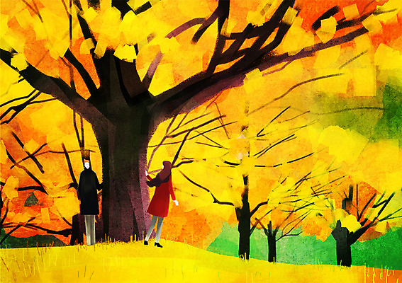 주간 PSD 나무 식물 커플 계절 여자 남자 단풍 낙엽 데이트 일러스트 단풍나무 사람 풍경 성인 야외 두명 가을 은행나무 성인만 국내일러스트 자연요소 잎 관계 파일형식