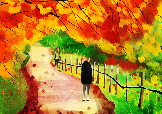 주간 PSD 나무 식물 계절 남자 단풍 낙엽 일러스트 단풍나무 한명 사람 풍경 성인 야외 울타리 산책 가을 은행나무 남자만 남자한명만 성인남자만 성인만 국내일러스트 자연요소 1 잎 휴식 담장 파일형식
