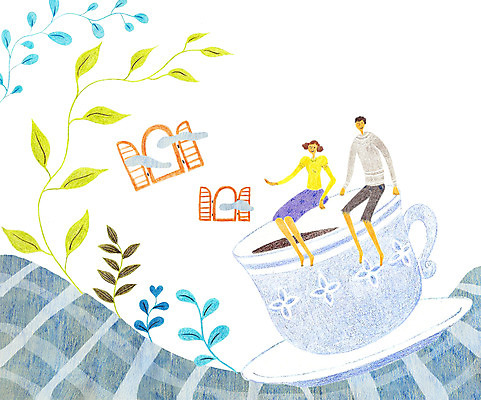 PSD 식물 커플 여자 남자 커피 데이트 일러스트 나뭇잎 사람 성인 두명 카페 커피잔 성인만 국내일러스트 음료 잎 관계 잔 상점 파일형식